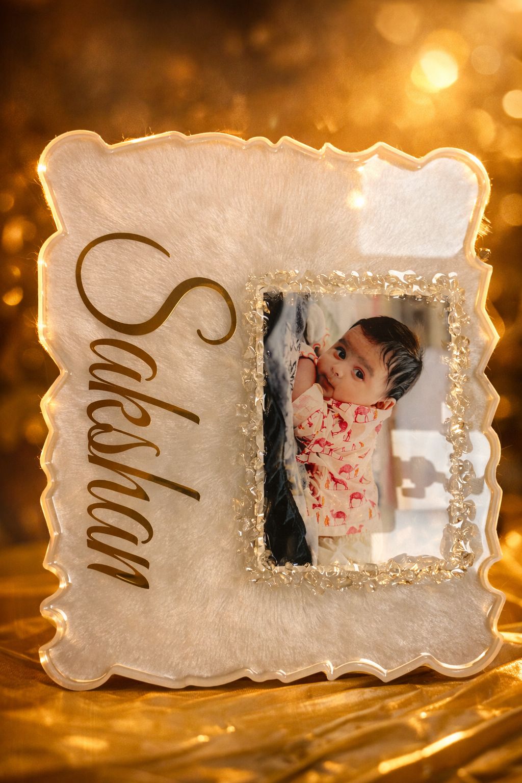 Customized Resin Baby Photo Frame with Name & LED Light | Handmade Personalized Keepsake Gift